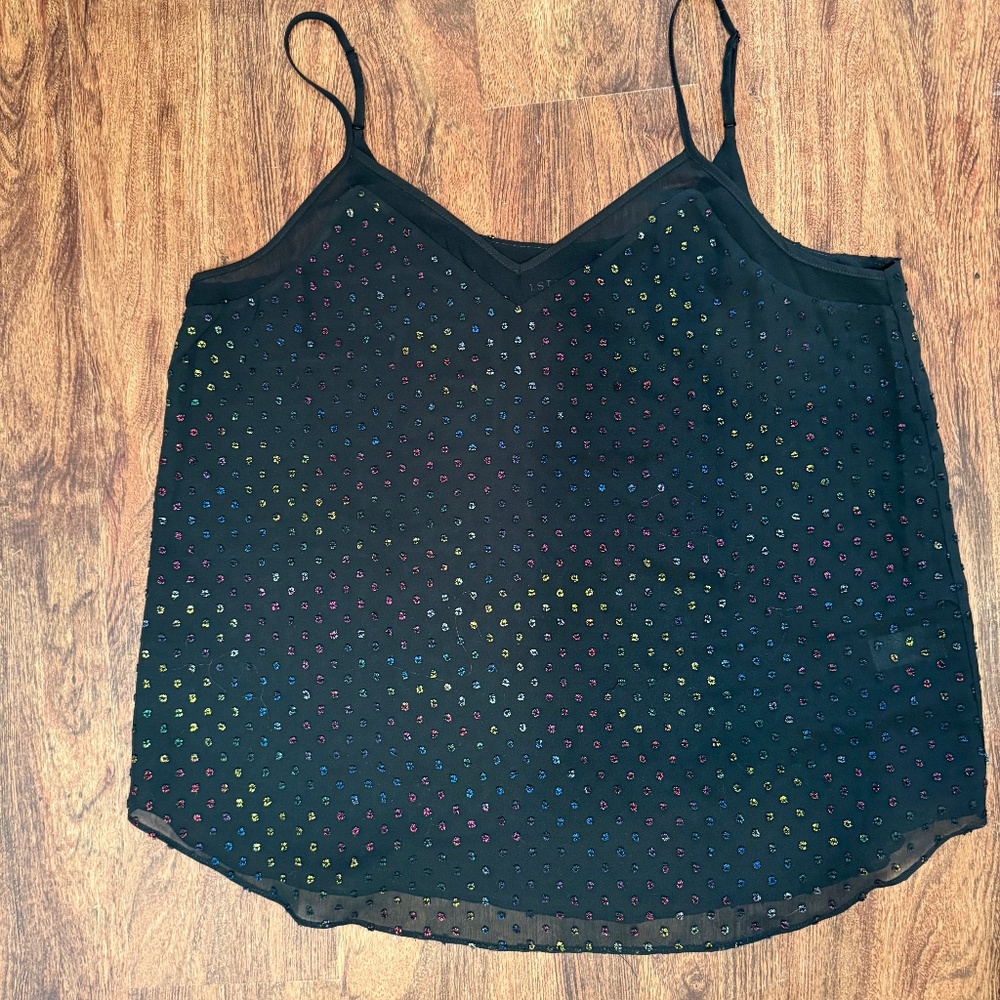 1.STATE Black Chiffon V-Neck Spaghetti Strap Top w/ metallic polka dots Size L